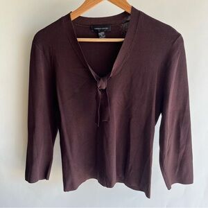 Cable & Gauge Knit Top Sweater Blouse Brown Sz XL Viscose Nylon Tie Neck EUC